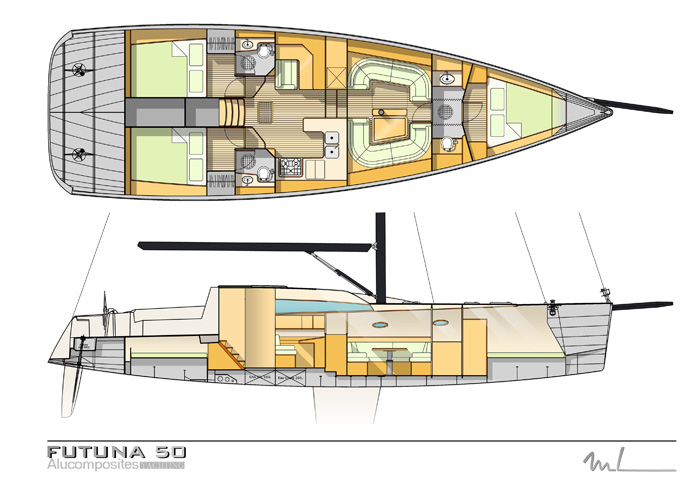 Futuna 50 voilier aluminium composite - plan d'intérieur Marc Lombard