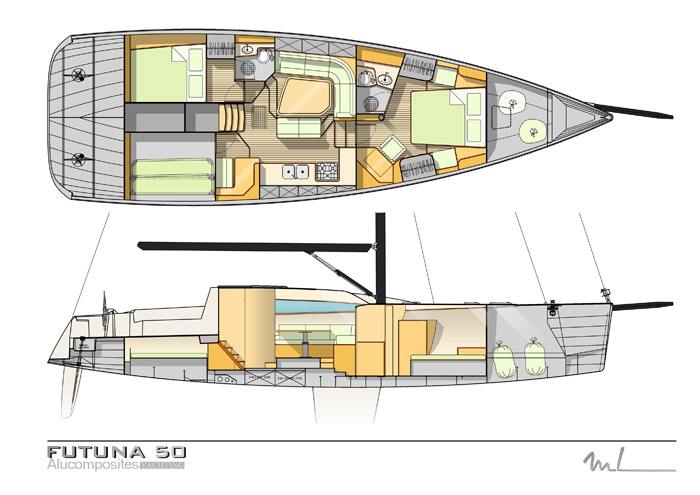 Futuna 50 voilier aluminium composite - plan d'intérieur Marc Lombard