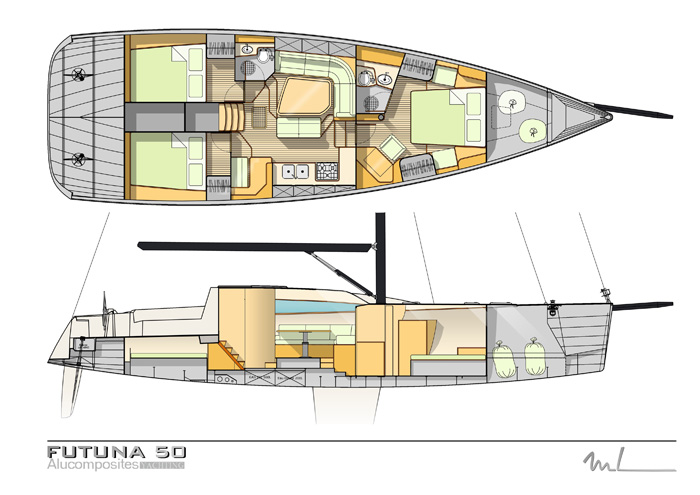 Futuna 50 voilier aluminium composite - plan d'intérieur  Marc Lombard