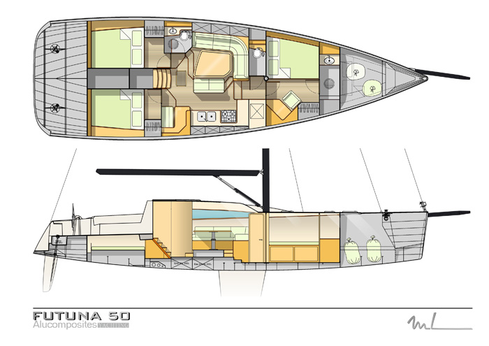 Futuna 50 aluminum composite sail yacht - interior plans Marc Lombard Marc Lombard