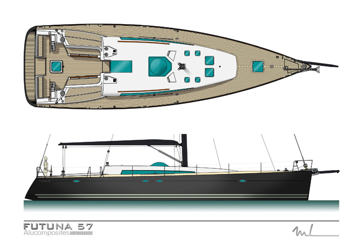 Futuna 57 voilier aluminium composite - plan d'extérieur Marc Lombard