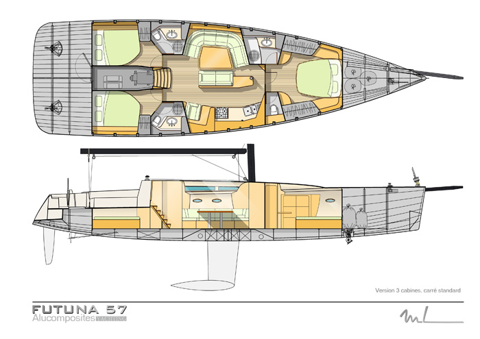 Futuna 57 voilier aluminium composite - plan d'intérieur Marc Lombard