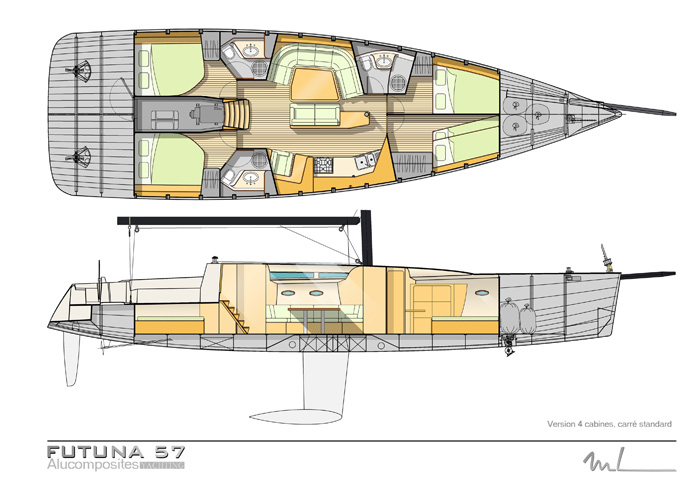 Futuna 57 voilier aluminium composite - plan d'intérieur Marc Lombard