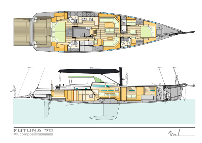 Futuna 70 aluminum composite sail yacht - interior plans Marc Lombard